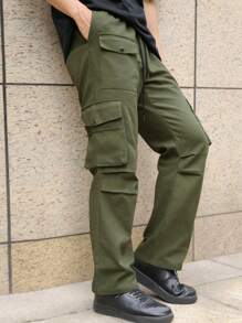 Manfinity EMRG 男士側翻蓋口袋腰部抽繩工裝褲 - 軍綠色 - 查看 1