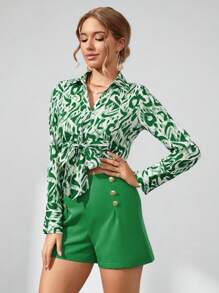 SHEIN Privé Bộ đồ hai mảnh nữ Thắt nơ trước Nút phía trước Tất cả trên in Giải trí - Nhiều màu - Xem 4