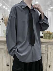 Claim Dot Men's Spring Autumn Casual Solid Color Drop Shoulder Loose Shirt, Oversized Men Shirts, Designer Oversized Shirts, Grey Men Shirt, Dark Grey Shirt, Shirt Oversized,Fall