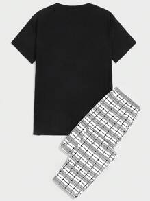Men Slogan Graphic Tee & Plaid Print Trousers PJ Set - Multicolor - View 2