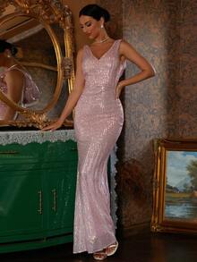 Missord Mermaid Hem Sequin Formal Dress - Pink - View 5