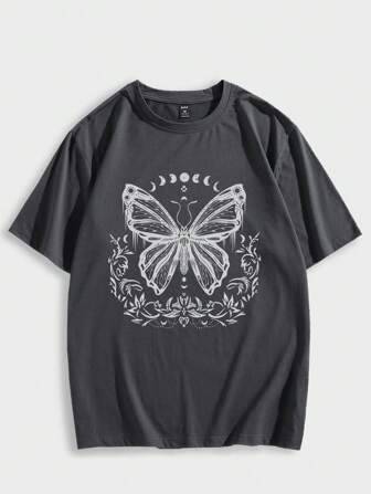 ROMWE Goth メンズ コットン トップス バタフライ グラフィック Tシャツ