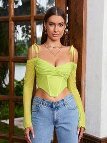 PARTHEA 素色挖肩褶邊剔骨網紗緊身胸衣 - 青檸色 - 查看 3