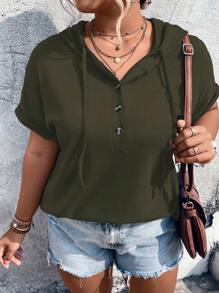 SHEIN LUNE Plus Half Button Batwing Sleeve Drawstring Hooded Waffle Knit Tee - Green - View 1