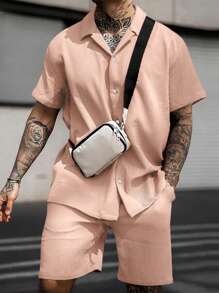 Manfinity Homme Men Cotton Solid Shirt & Drawstring Waist Shorts - Baby Pink - View 1