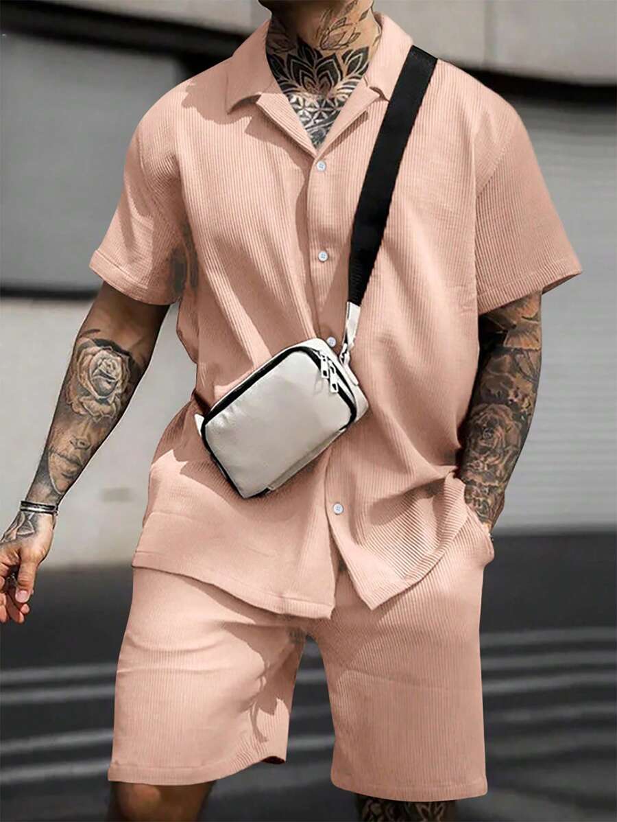 Manfinity Homme Men Cotton Solid Shirt & Drawstring Waist Shorts - Baby Pink - View 1