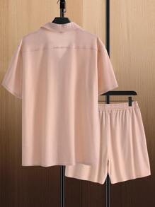 Manfinity Homme Men Cotton Solid Shirt & Drawstring Waist Shorts - Baby Pink - View 2