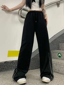 拼接條紋側闊腿褲 - 黑色 - 查看 3