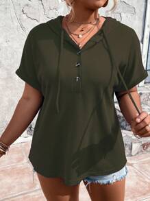 SHEIN LUNE Plus Half Button Batwing Sleeve Drawstring Hooded Waffle Knit Tee - Green - View 4