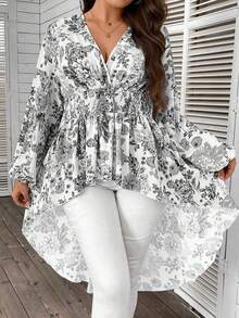 SHEIN Clasi Plus Floral Print High Low Hem Peplum Blouse - Multicolor - View 4