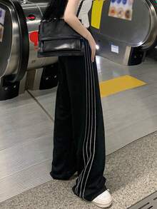 拼接條紋側闊腿褲 - 黑色 - 查看 5