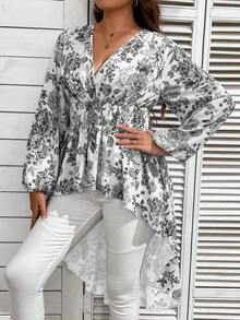 SHEIN Clasi Plus Floral Print High Low Hem Peplum Blouse - Multicolor - View 6