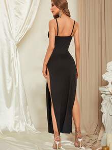 前鏤空高衩連衣裙 - 黑色 - 查看 2