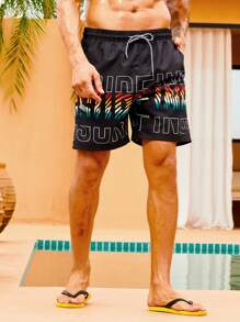 Manfinity Swimmode Hombres Shorts de natación con estampado de letra de cintura con cordón - Negro - Ver 3