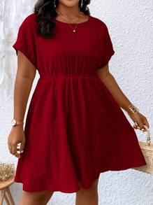 SHEIN LUNE Đầm Plus Size Tranh thêu màu trơn Giải trí - Màu Đỏ Sâu - Xem 3
