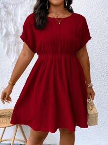 SHEIN LUNE Đầm Plus Size Tranh thêu màu trơn Giải trí - Màu Đỏ Sâu - Xem 4