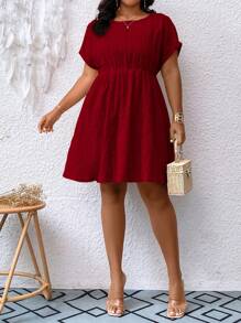 SHEIN LUNE Đầm Plus Size Tranh thêu màu trơn Giải trí - Màu Đỏ Sâu - Xem 6