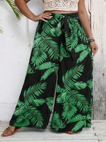 SHEIN Clasi 大碼熱帶圖案前繫帶闊腿褲 - 彩色 - 查看 1