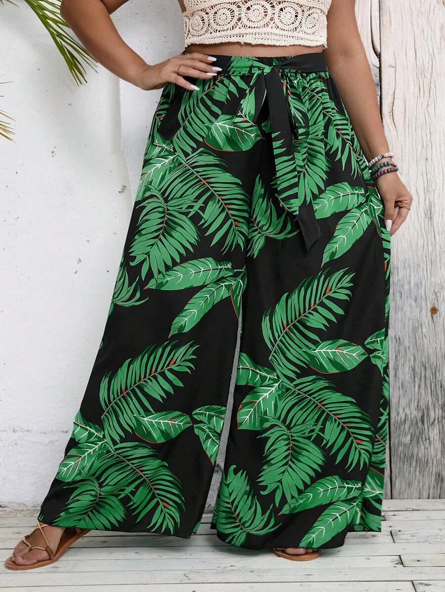 SHEIN Clasi 大碼熱帶圖案前繫帶闊腿褲 - 彩色 - 查看 1