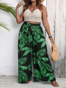 SHEIN Clasi 大碼熱帶圖案前繫帶闊腿褲 - 彩色 - 查看 3