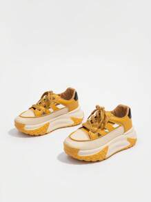 女性撞色鏤空前綁帶粗運動戶外運動鞋 - 芥末黃 - 查看 3