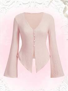ROMWE Kawaii Solid Button Front Asymmetrical Hem Top - Baby Pink - View 1