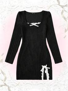 ROMWE Kawaii Ren tương phản Nơ mặt trước Viền chia cắt Đầm - màu đen - Xem 1
