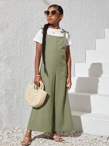 SHEIN Girls Dual Pocket Wide Leg Overalls Without Tee - Mint Green - View 2