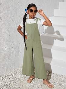 SHEIN Girls Dual Pocket Wide Leg Overalls Without Tee - Mint Green - View 1