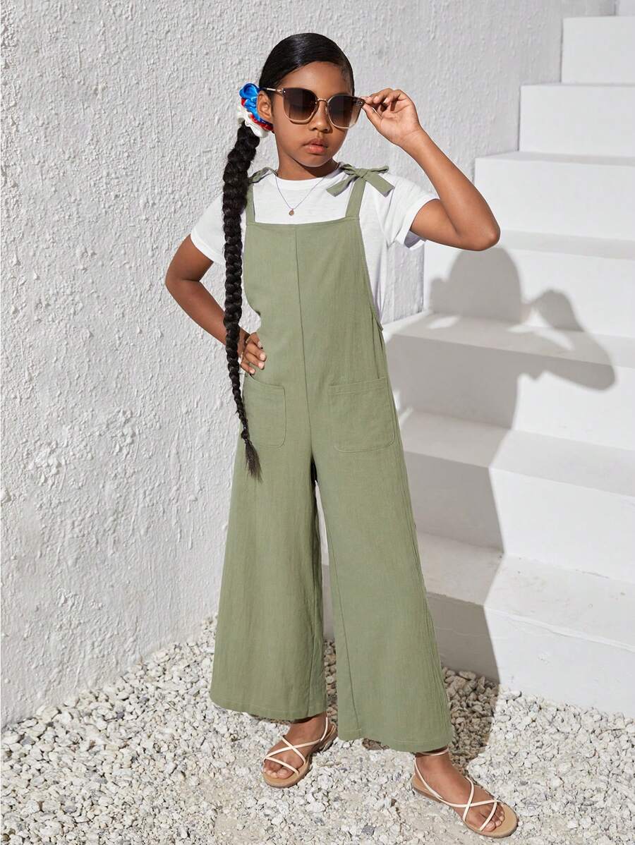 SHEIN Girls Dual Pocket Wide Leg Overalls Without Tee - Mint Green - View 1