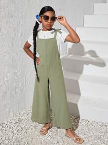 SHEIN Girls Dual Pocket Wide Leg Overalls Without Tee - Mint Green - View 7