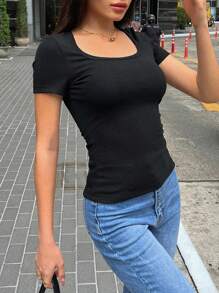 DAZY Solid Ribbed Knit Tee - Black - View 7