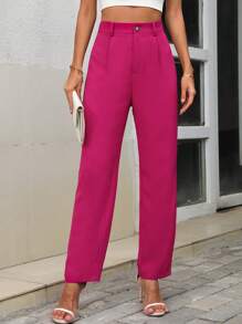 SHEIN Privé 高腰拼接細節直筒西裝褲 - 中紫紅色 - 查看 3