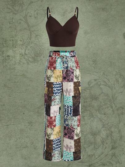 Hippie Solid Cami Top & Patchwork Print Wide Leg Pants