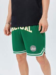 ROMWE MEN Prep Quần Short Nam Dây kéo Túi Thắt nơ trước Lá thư Sọc Giải trí - màu xanh lá - Xem 6