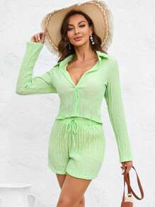 GENKIRA Solid Button Front Shirt & Tie Waist Shorts - Mint Green - View 1