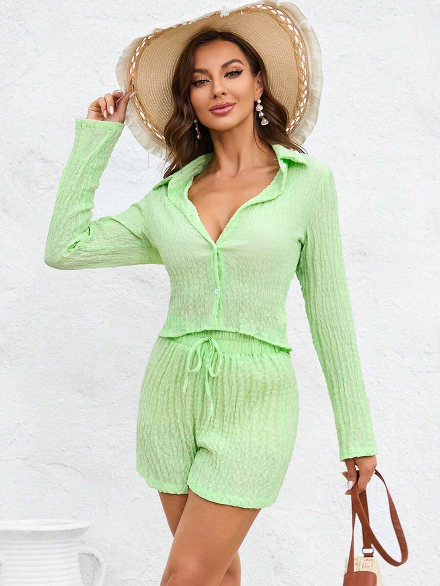 GENKIRA Solid Button Front Shirt & Tie Waist Shorts - Mint Green - View 1