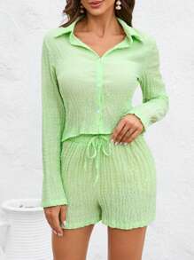 GENKIRA Solid Button Front Shirt & Tie Waist Shorts - Mint Green - View 3