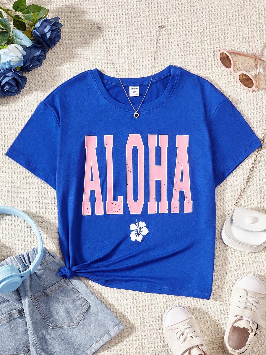 SHEIN Girls Floral & Letter Graphic Tee - Blue - View 1