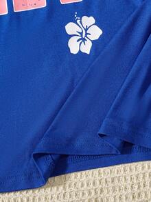 SHEIN Girls Floral & Letter Graphic Tee - Blue - View 4