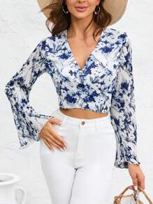 SHEIN Unity Floral Print Flare Sleeve Wrap Knot Side Crop Blouse - Multicolor - View 3