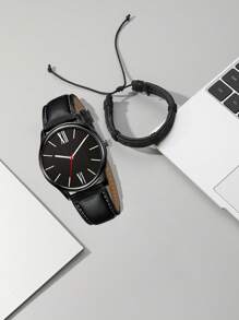 1 Đồng hồ đeo tay thạch anh hình tròn cho nam & 1 Vòng đeo tay - màu đen - Xem 2