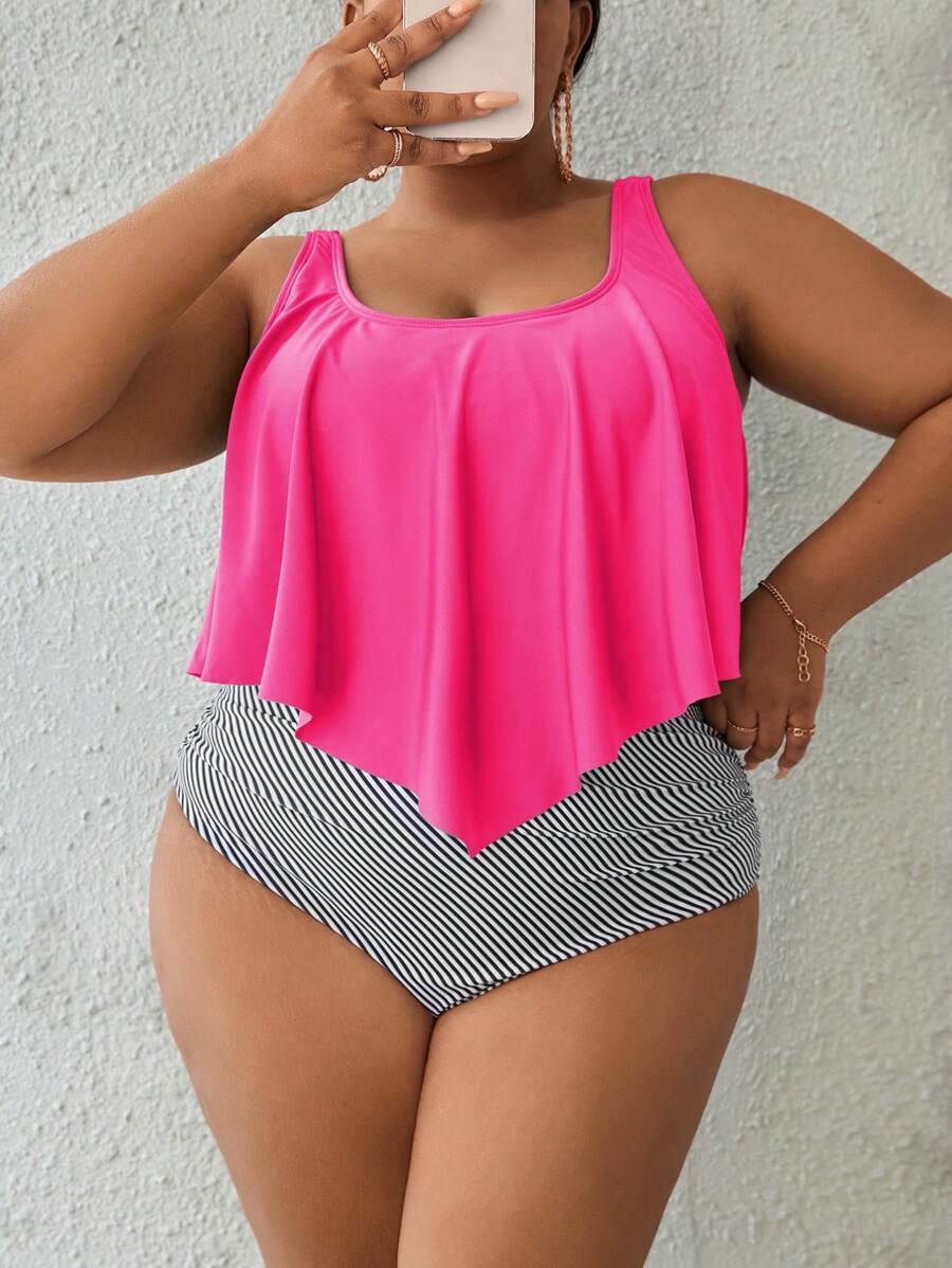 SHEIN Swim Curve Plus Size Striped Hanky Hem Bikini Set Summer Beach - Hot Pink - View 1
