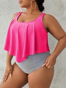 SHEIN Swim Curve Plus Size Striped Hanky Hem Bikini Set Summer Beach - Hot Pink - View 4