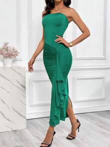 SHEIN Privé Vestido ajustado tubo fruncido ribete con fruncido - Verde - Ver 4