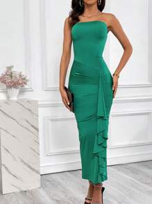 SHEIN Privé Vestido ajustado tubo fruncido ribete con fruncido - Verde - Ver 5