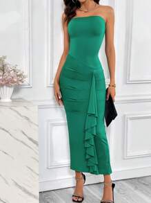 SHEIN Privé Vestido ajustado tubo fruncido ribete con fruncido - Verde - Ver 7