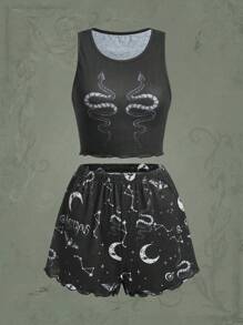 ROMWE Goth 月亮&蛇木耳邊印花睡衣套裝 - 黑色 - 查看 1