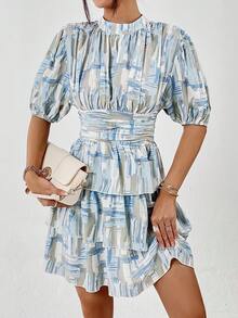 SHEIN Privé 滿版印花泡泡袖荷葉邊連衣裙 - 彩色 - 查看 2