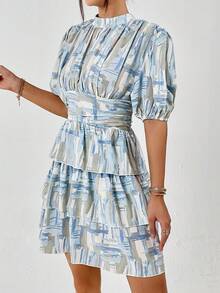 SHEIN Privé 滿版印花泡泡袖荷葉邊連衣裙 - 彩色 - 查看 4